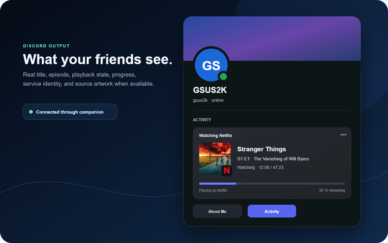 Discord profile showing Stranger Things activity from Discord Status