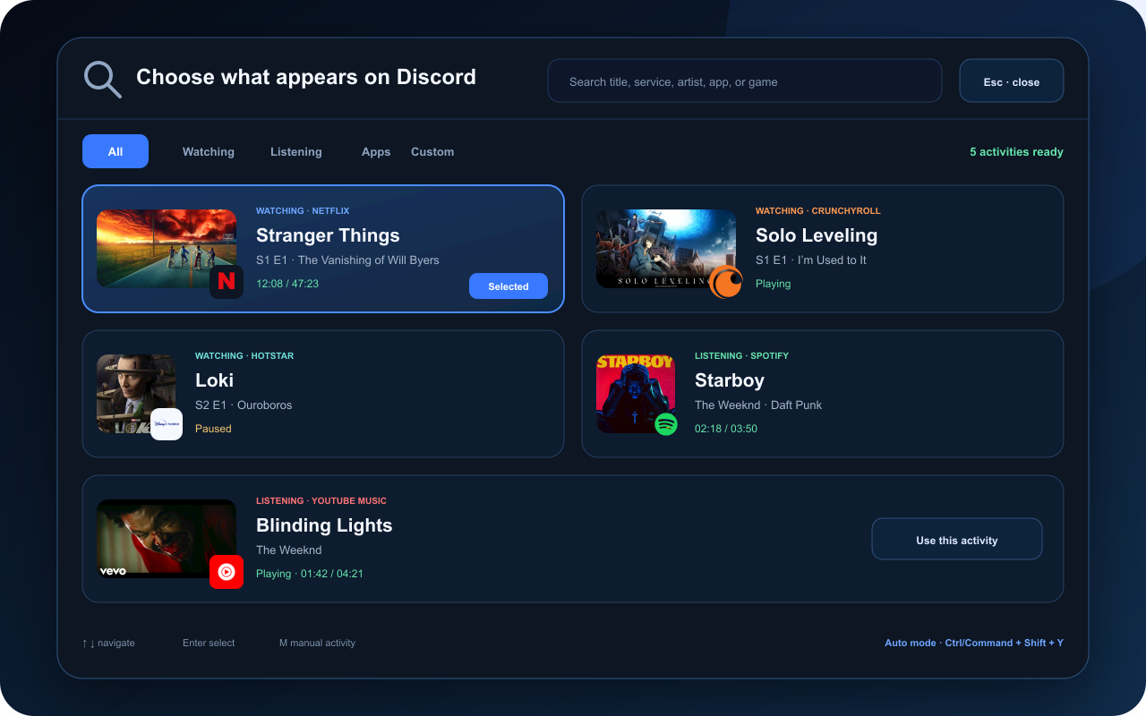 Discord Status activity selector