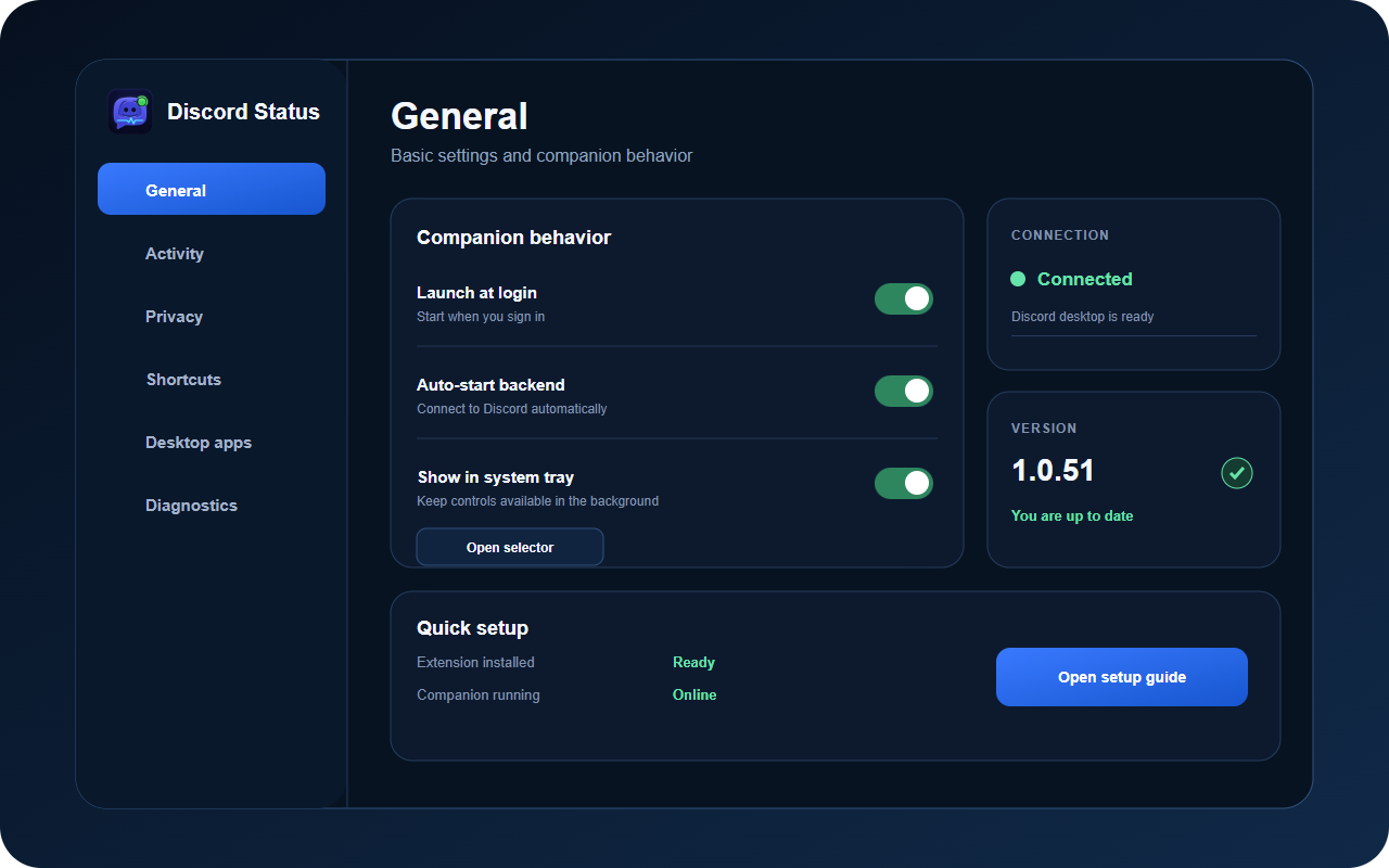 Discord Status Companion settings
